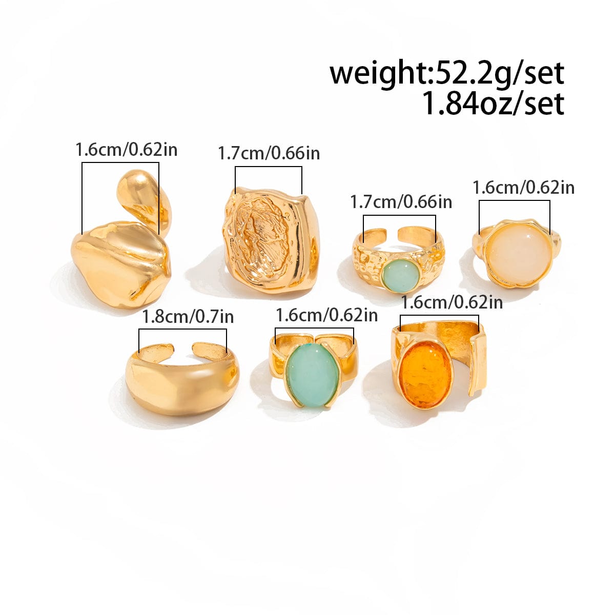 Baroque 7pcs Crystal Inlaid Chunky Textured Waterdrop Ring Set - ArtGalleryZen