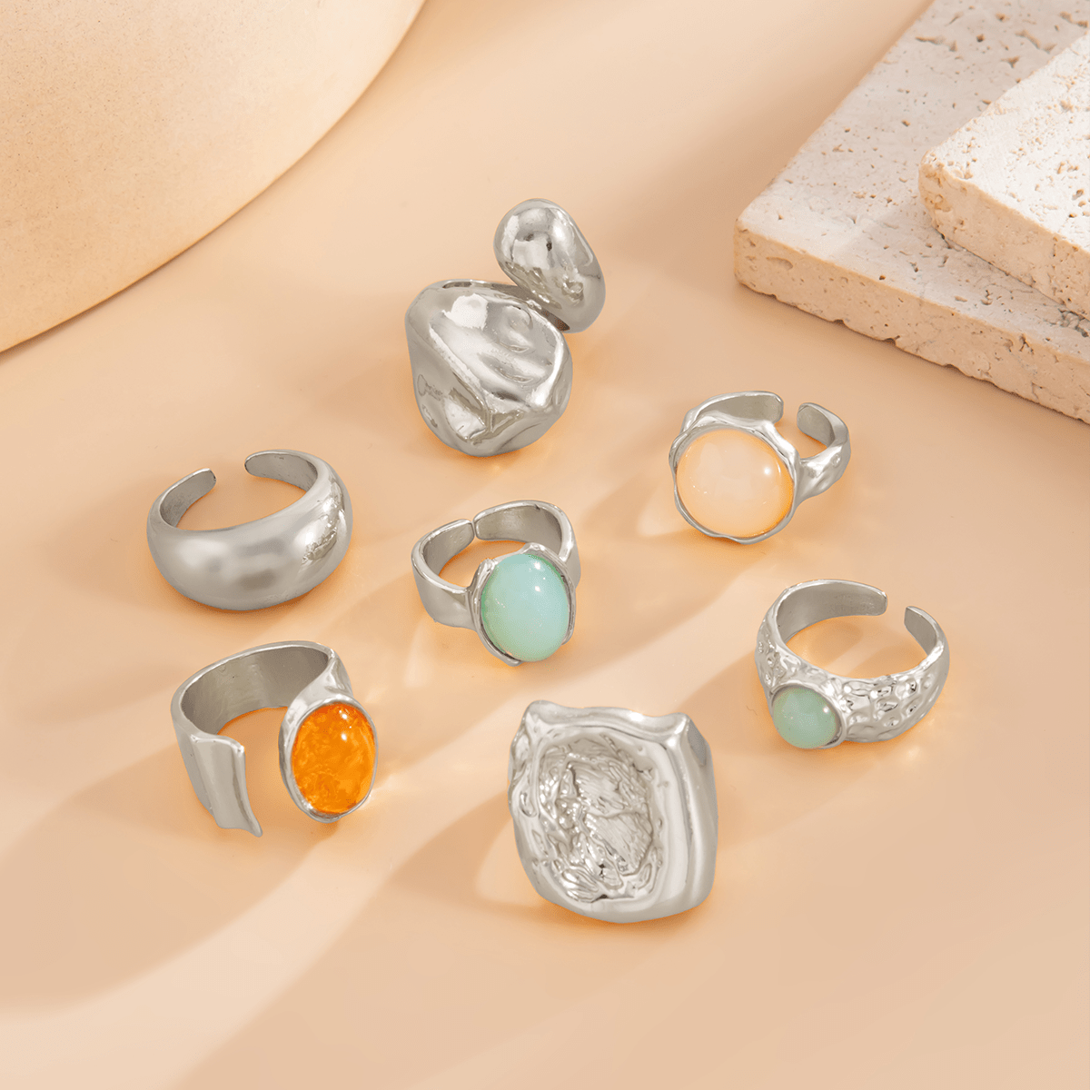 Baroque 7pcs Crystal Inlaid Chunky Textured Waterdrop Ring Set - ArtGalleryZen