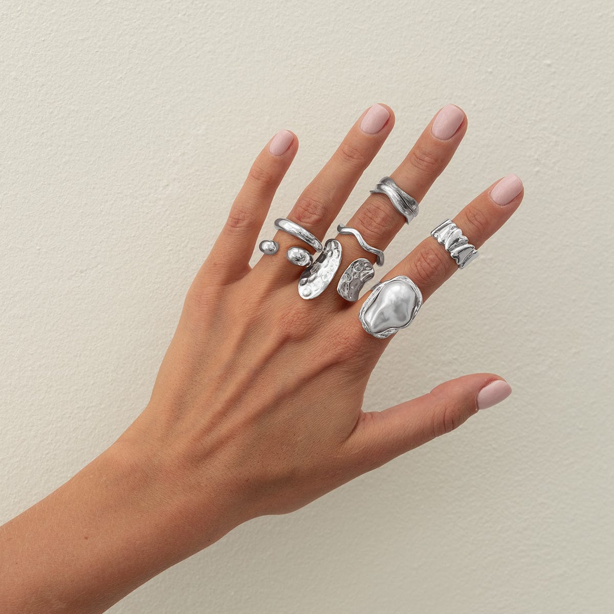 Baroque 7pcs Gold Silver Tone Pearl Inlaid Curved Ring Set - ArtGalleryZen