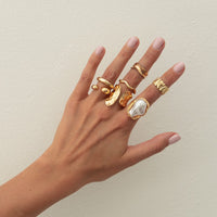 Thumbnail for Baroque 7pcs Gold Silver Tone Pearl Inlaid Curved Ring Set - ArtGalleryZen