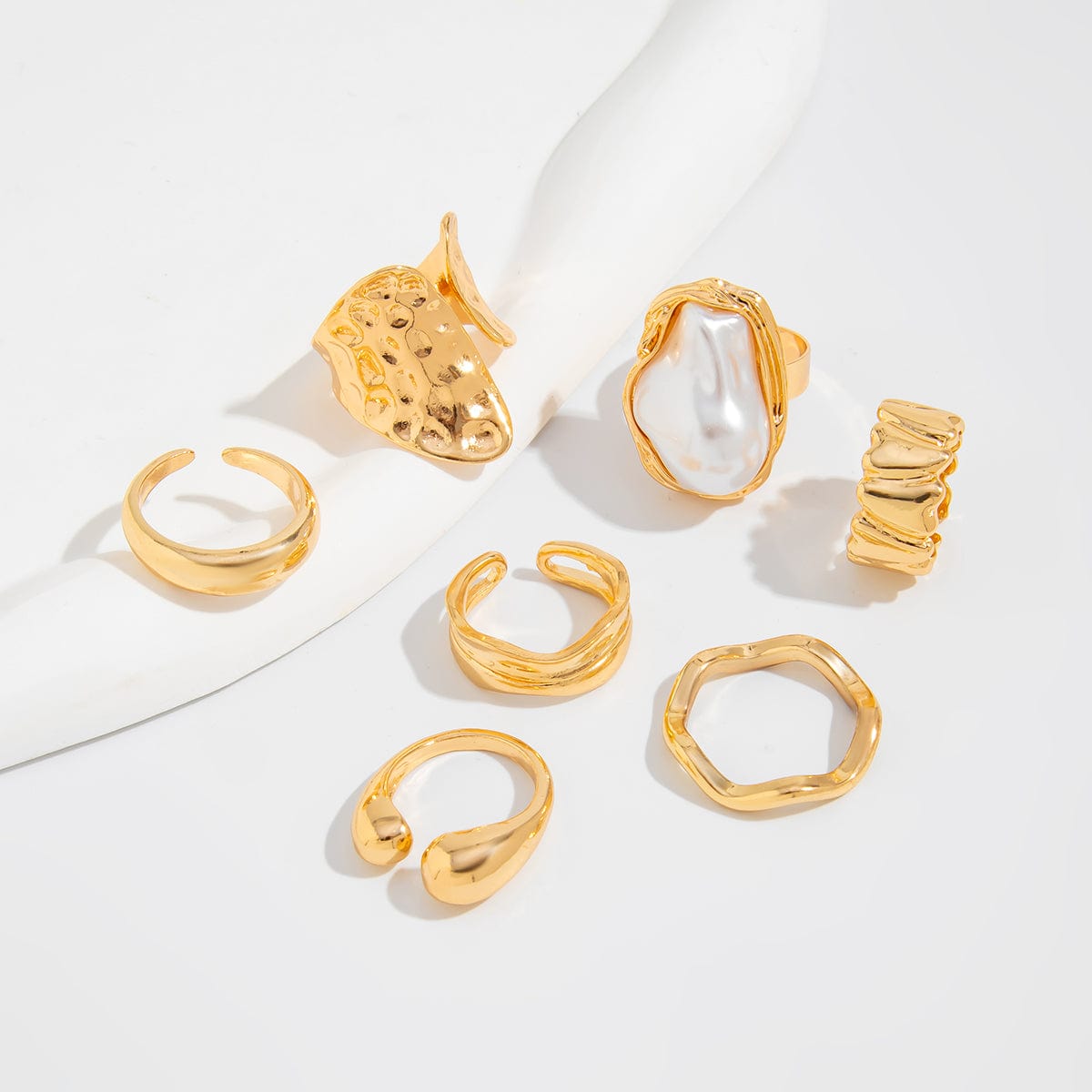 Baroque 7pcs Gold Silver Tone Pearl Inlaid Curved Ring Set - ArtGalleryZen