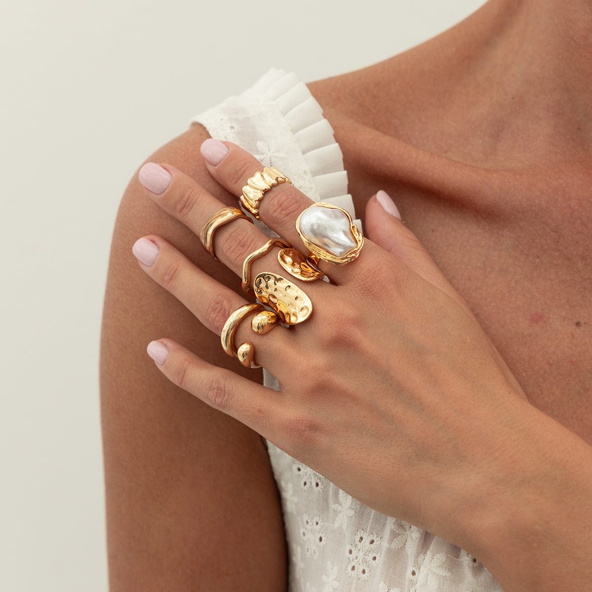 Baroque 7pcs Gold Silver Tone Pearl Inlaid Curved Ring Set - ArtGalleryZen