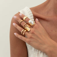 Thumbnail for Baroque 7pcs Gold Silver Tone Pearl Inlaid Curved Ring Set - ArtGalleryZen