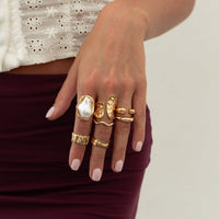 Thumbnail for Baroque 7pcs Gold Silver Tone Pearl Inlaid Curved Ring Set - ArtGalleryZen