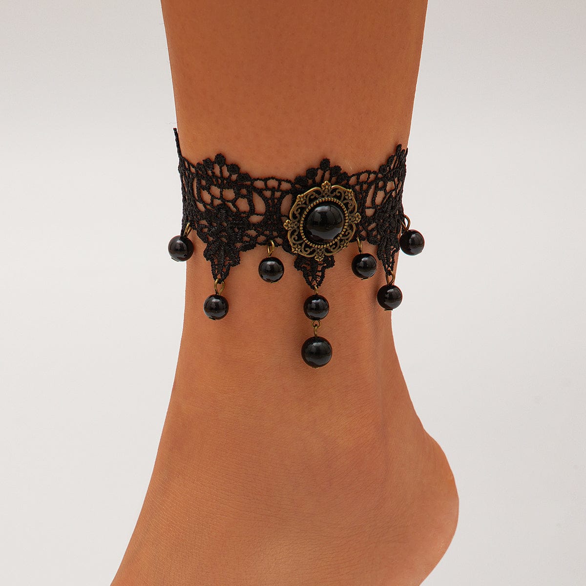 Baroque Black Crystal Tassel Floral Lace Anklet