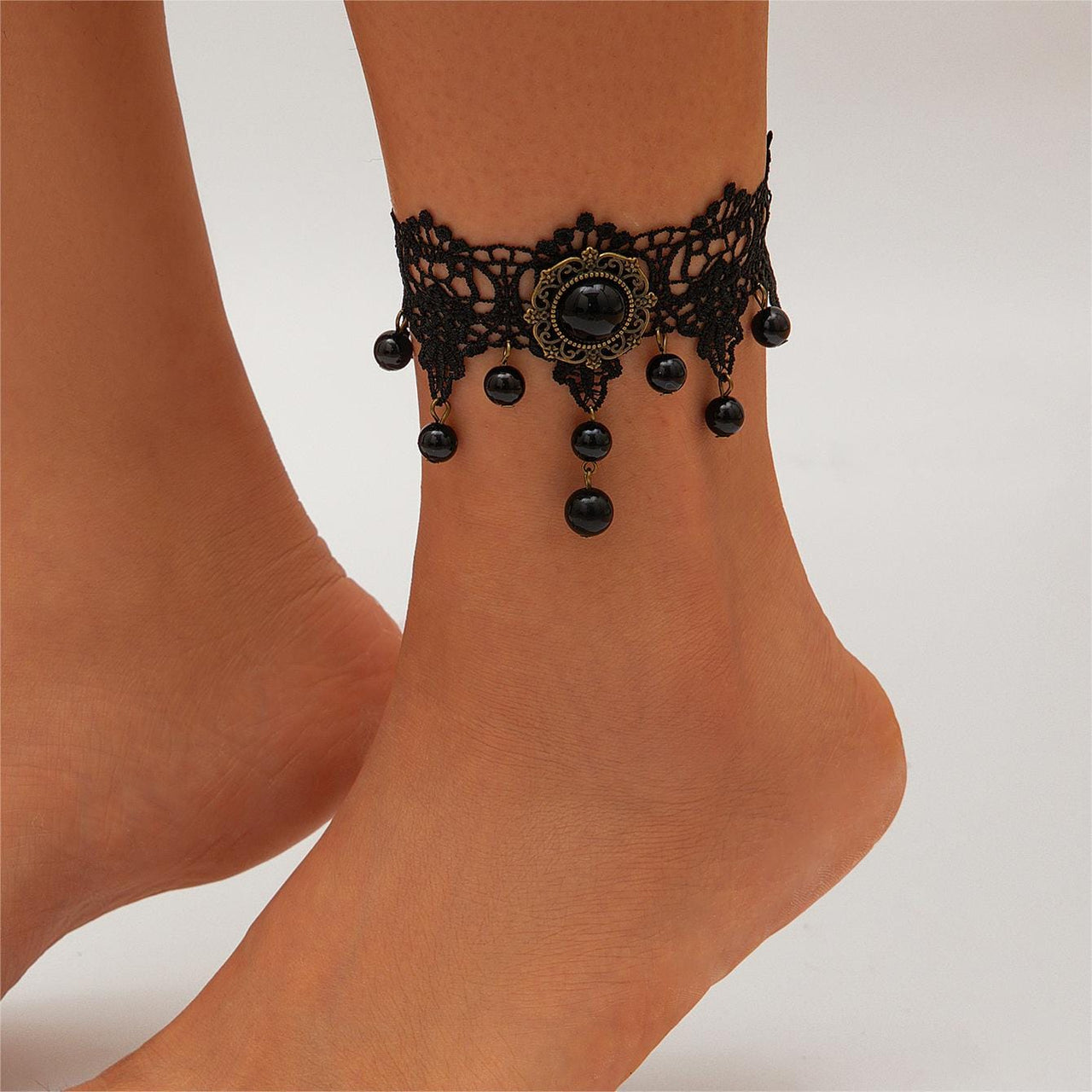 Baroque Black Crystal Tassel Floral Lace Anklet