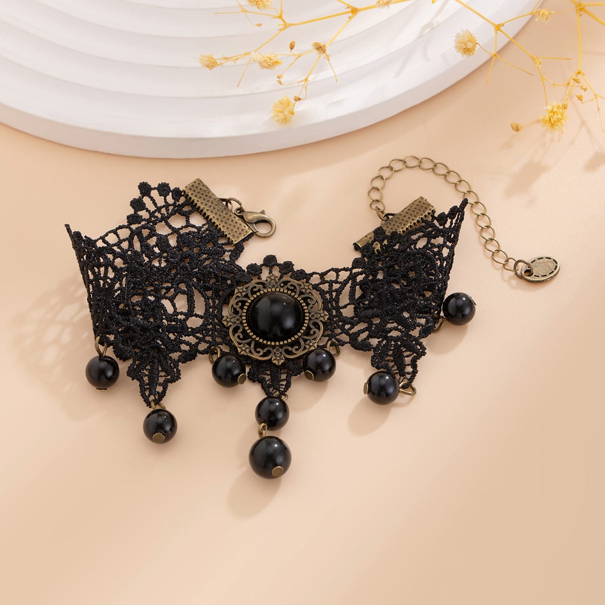 Baroque Black Crystal Tassel Floral Lace Anklet