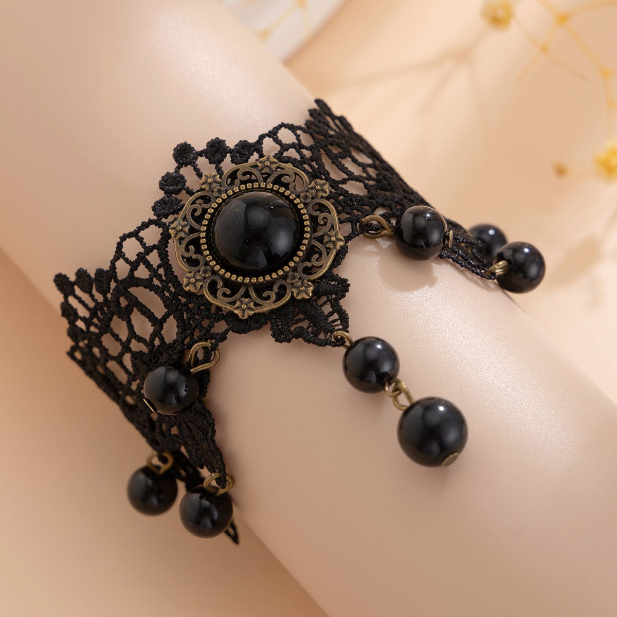 Baroque Black Crystal Tassel Floral Lace Anklet