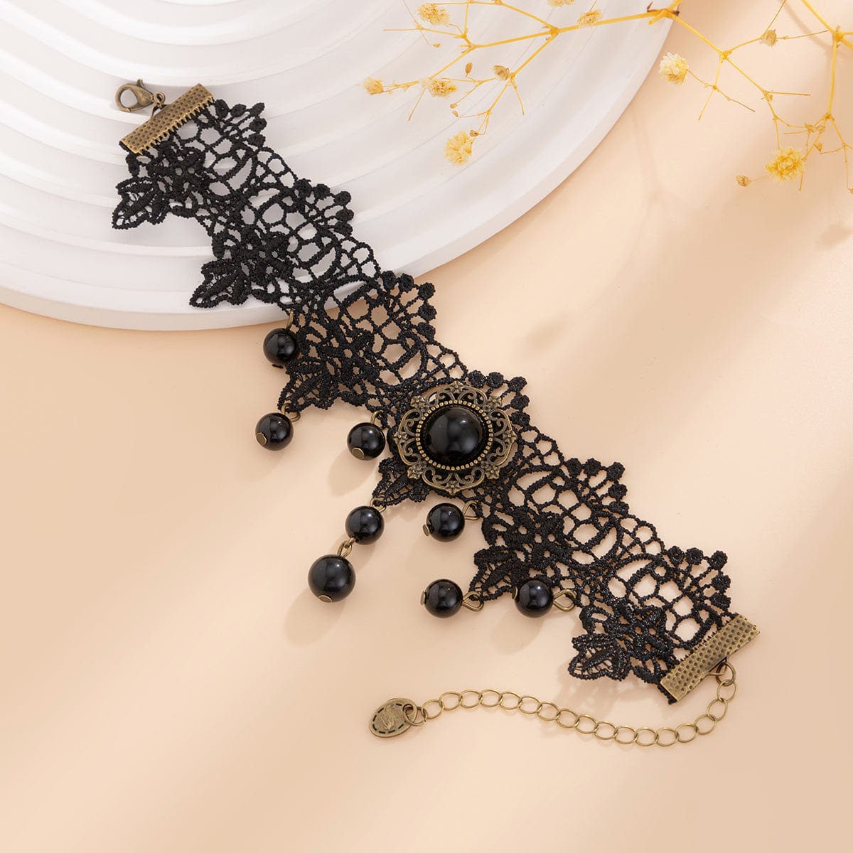 Baroque Black Crystal Tassel Floral Lace Anklet