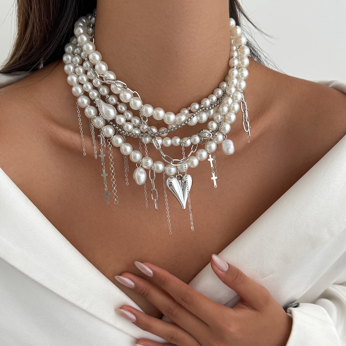 Baroque Chunky Layered Heart Cross Tassel Pearl Chain Necklace - ArtGalleryZen