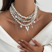 Thumbnail for Baroque Chunky Layered Heart Cross Tassel Pearl Chain Necklace - ArtGalleryZen