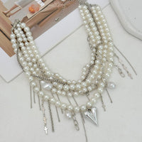Thumbnail for Baroque Chunky Layered Heart Cross Tassel Pearl Chain Necklace - ArtGalleryZen