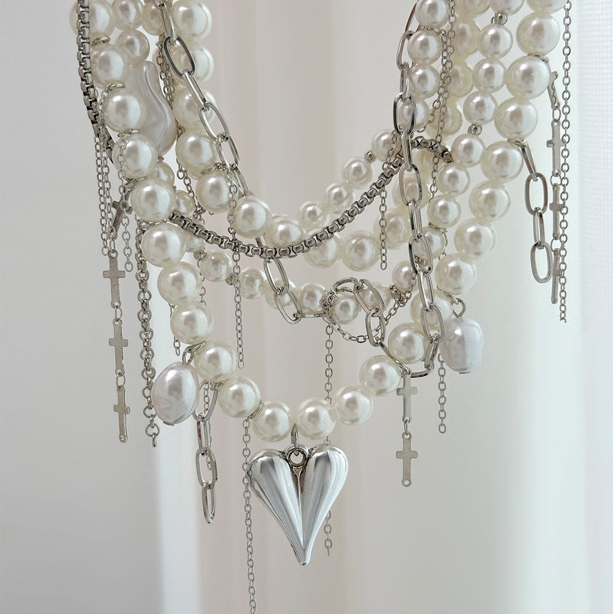 Baroque Chunky Layered Heart Cross Tassel Pearl Chain Necklace - ArtGalleryZen