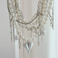 Thumbnail for Baroque Chunky Layered Heart Cross Tassel Pearl Chain Necklace - ArtGalleryZen