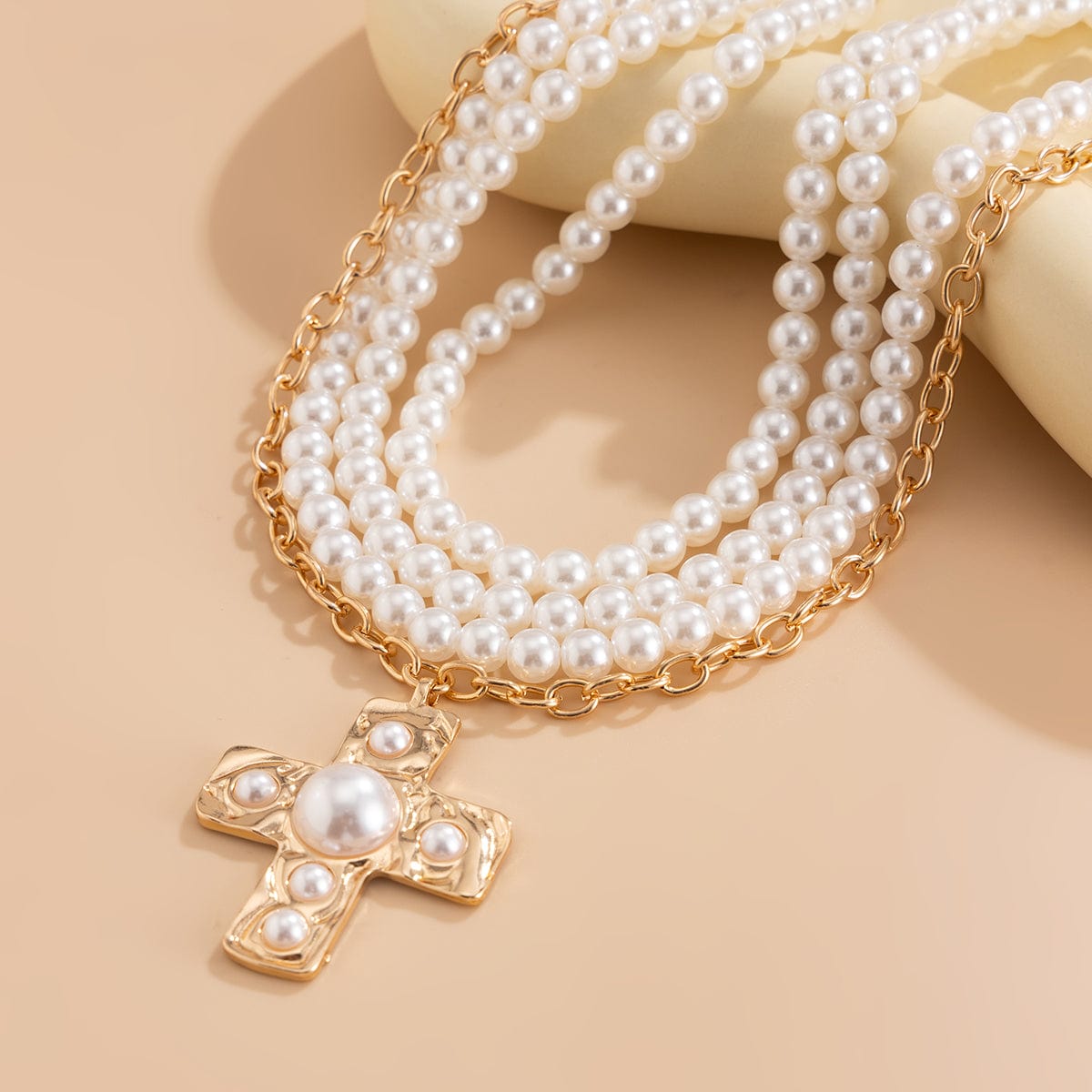 Baroque Chunky Layered Textured Cross Pendant Pearl Chain Necklace - ArtGalleryZen