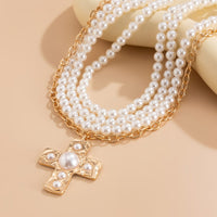 Thumbnail for Baroque Chunky Layered Textured Cross Pendant Pearl Chain Necklace - ArtGalleryZen