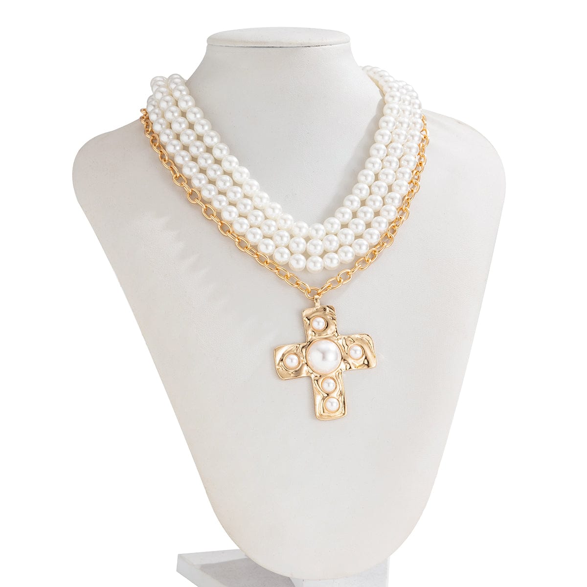 Baroque Chunky Layered Textured Cross Pendant Pearl Chain Necklace - ArtGalleryZen