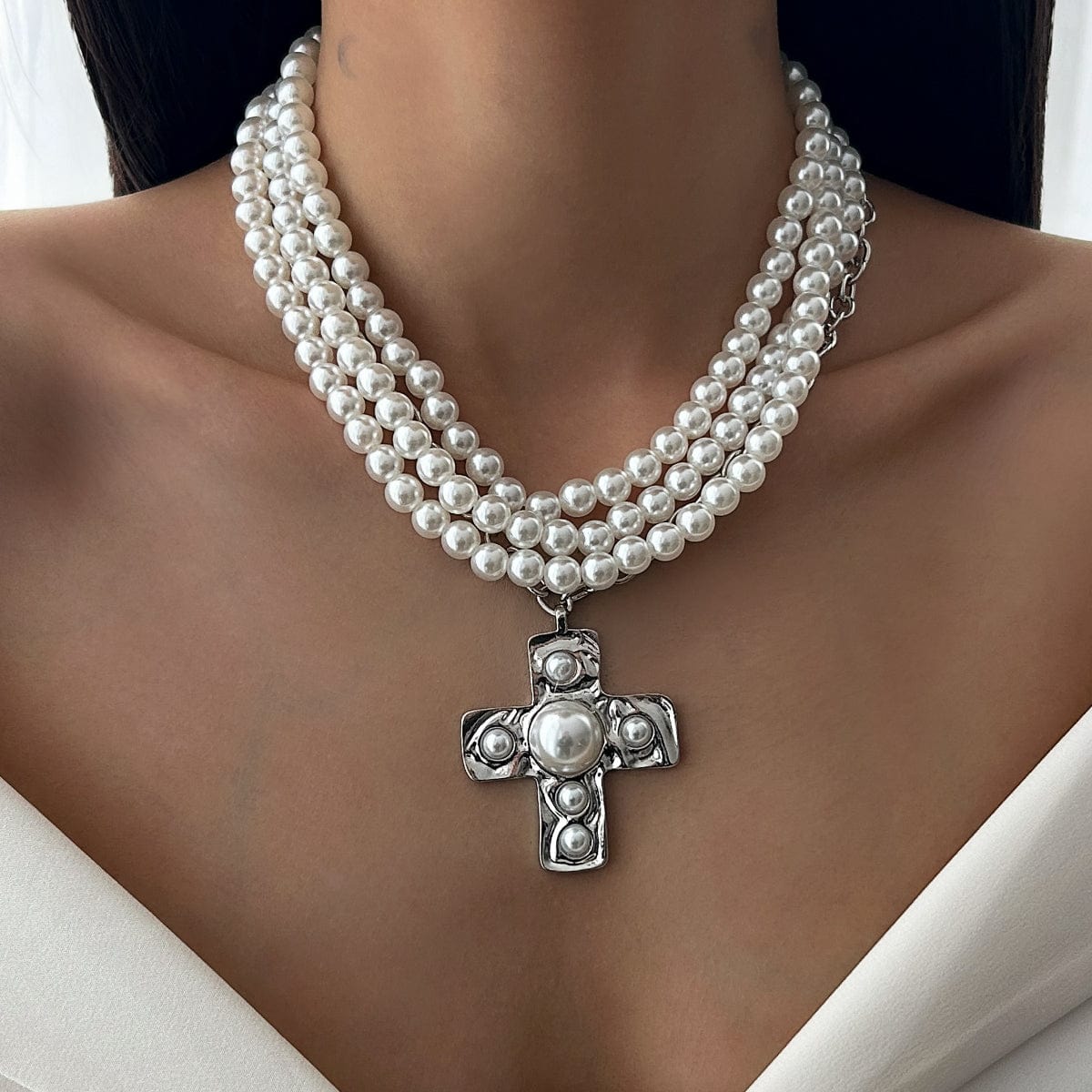 Baroque Chunky Layered Textured Cross Pendant Pearl Chain Necklace - ArtGalleryZen