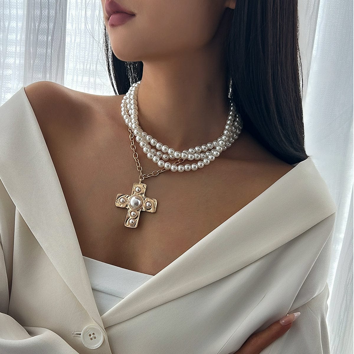 Baroque Chunky Layered Textured Cross Pendant Pearl Chain Necklace - ArtGalleryZen