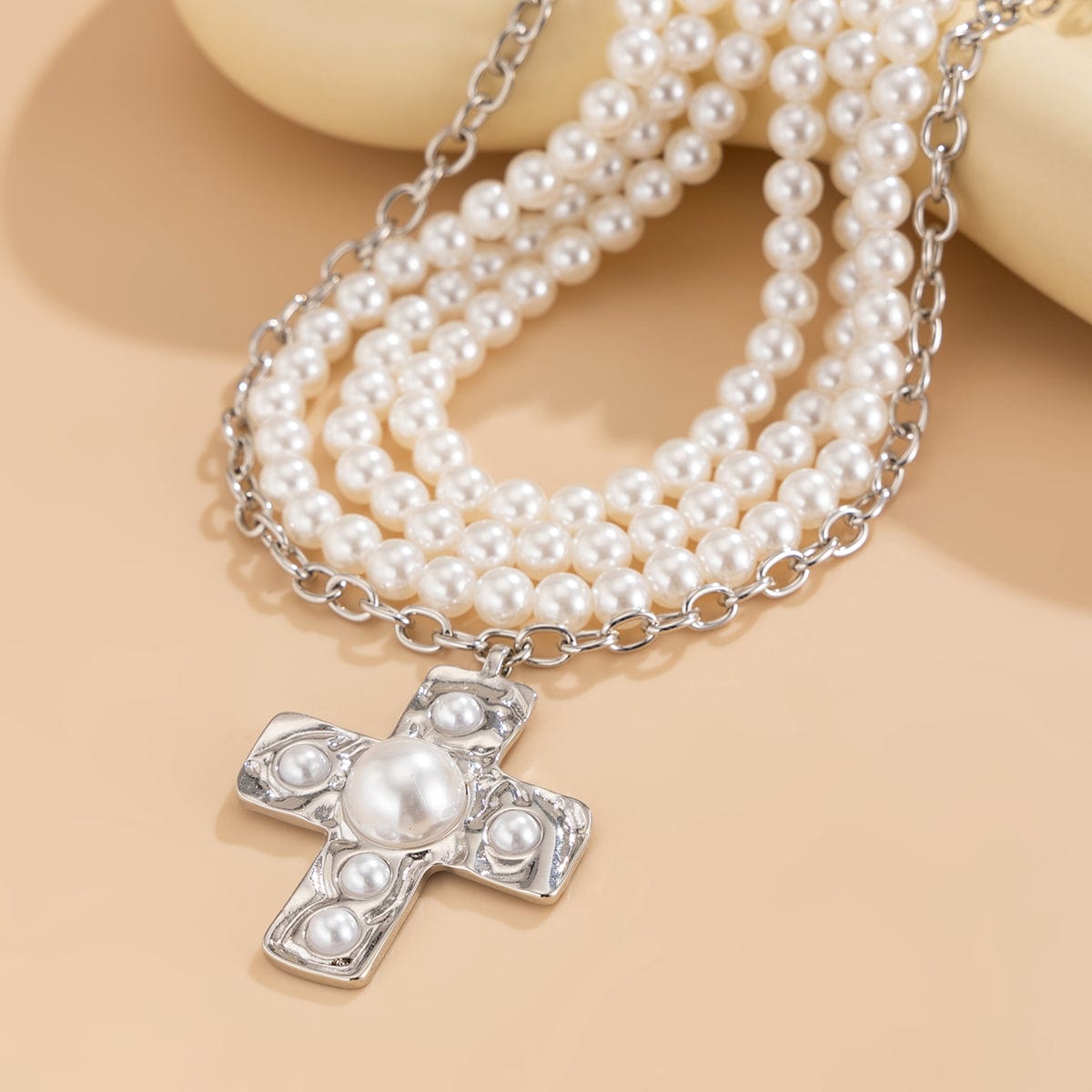 Baroque Chunky Layered Textured Cross Pendant Pearl Chain Necklace - ArtGalleryZen