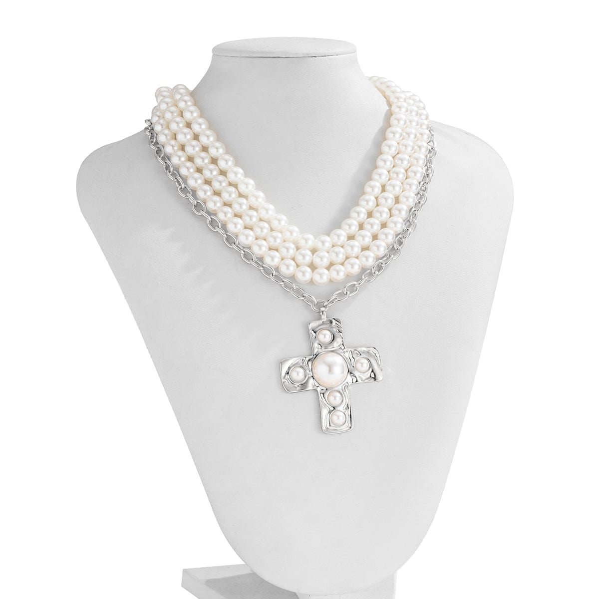 Baroque Chunky Layered Textured Cross Pendant Pearl Chain Necklace - ArtGalleryZen