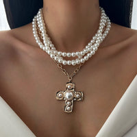 Thumbnail for Baroque Chunky Layered Textured Cross Pendant Pearl Chain Necklace - ArtGalleryZen