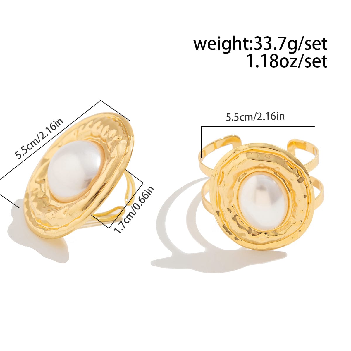 Baroque Chunky Pearl Inlaid Textured Oval Open Ring Bangle Bracelet Set - ArtGalleryZen