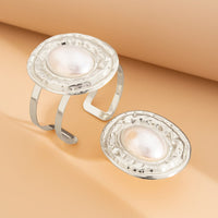 Thumbnail for Baroque Chunky Pearl Inlaid Textured Oval Open Ring Bangle Bracelet Set - ArtGalleryZen