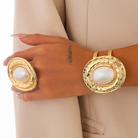 Thumbnail for Baroque Chunky Pearl Inlaid Textured Oval Open Ring Bangle Bracelet Set - ArtGalleryZen