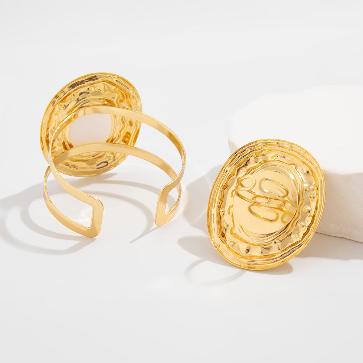 Baroque Chunky Pearl Inlaid Textured Oval Open Ring Bangle Bracelet Set - ArtGalleryZen