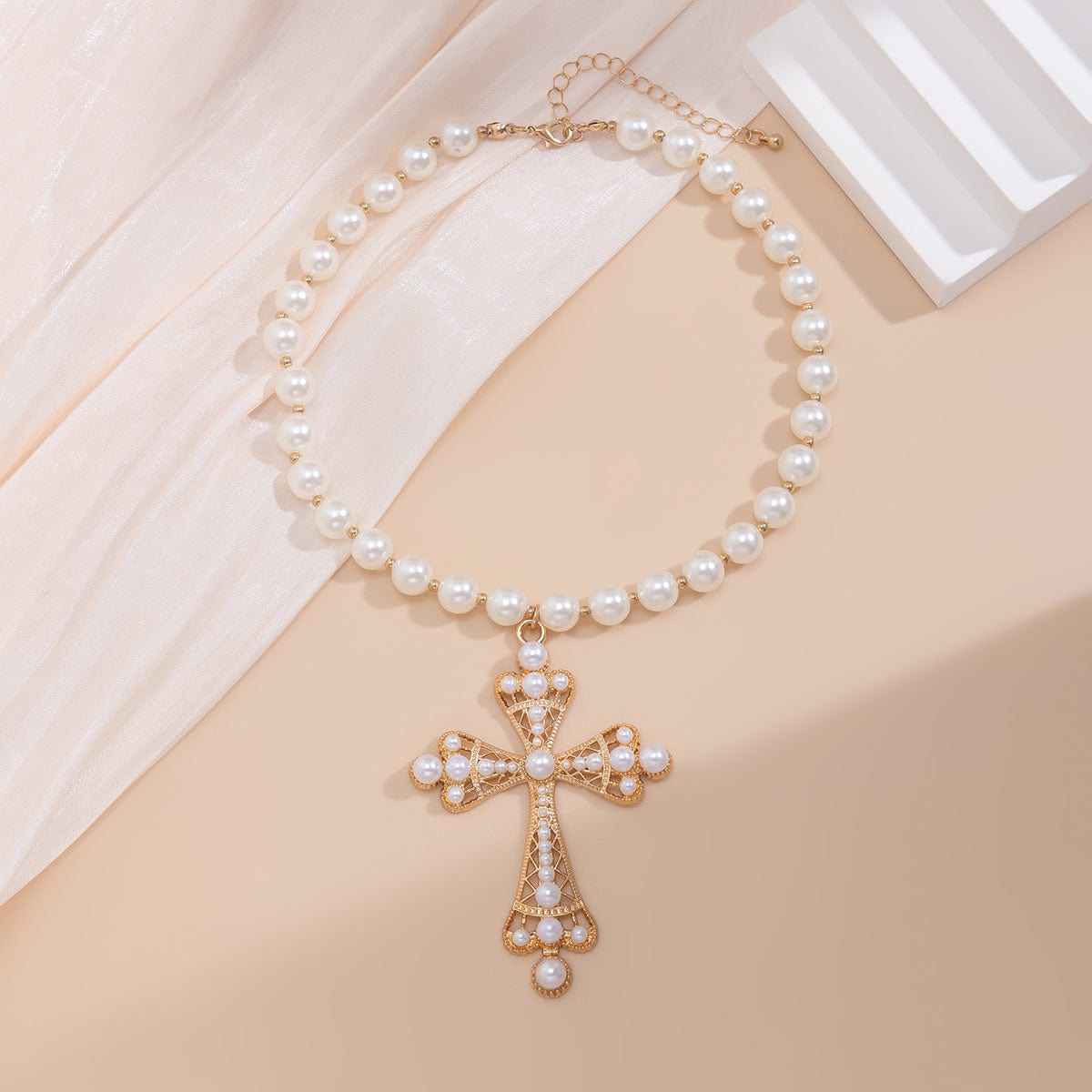 Baroque Cross Pendant Pearl Chain Choker Necklace - ArtGalleryZen