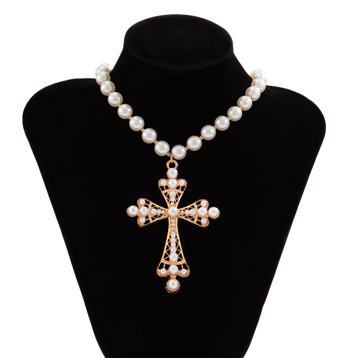Baroque Cross Pendant Pearl Chain Choker Necklace - ArtGalleryZen