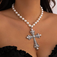 Thumbnail for Baroque Cross Pendant Pearl Chain Choker Necklace - ArtGalleryZen