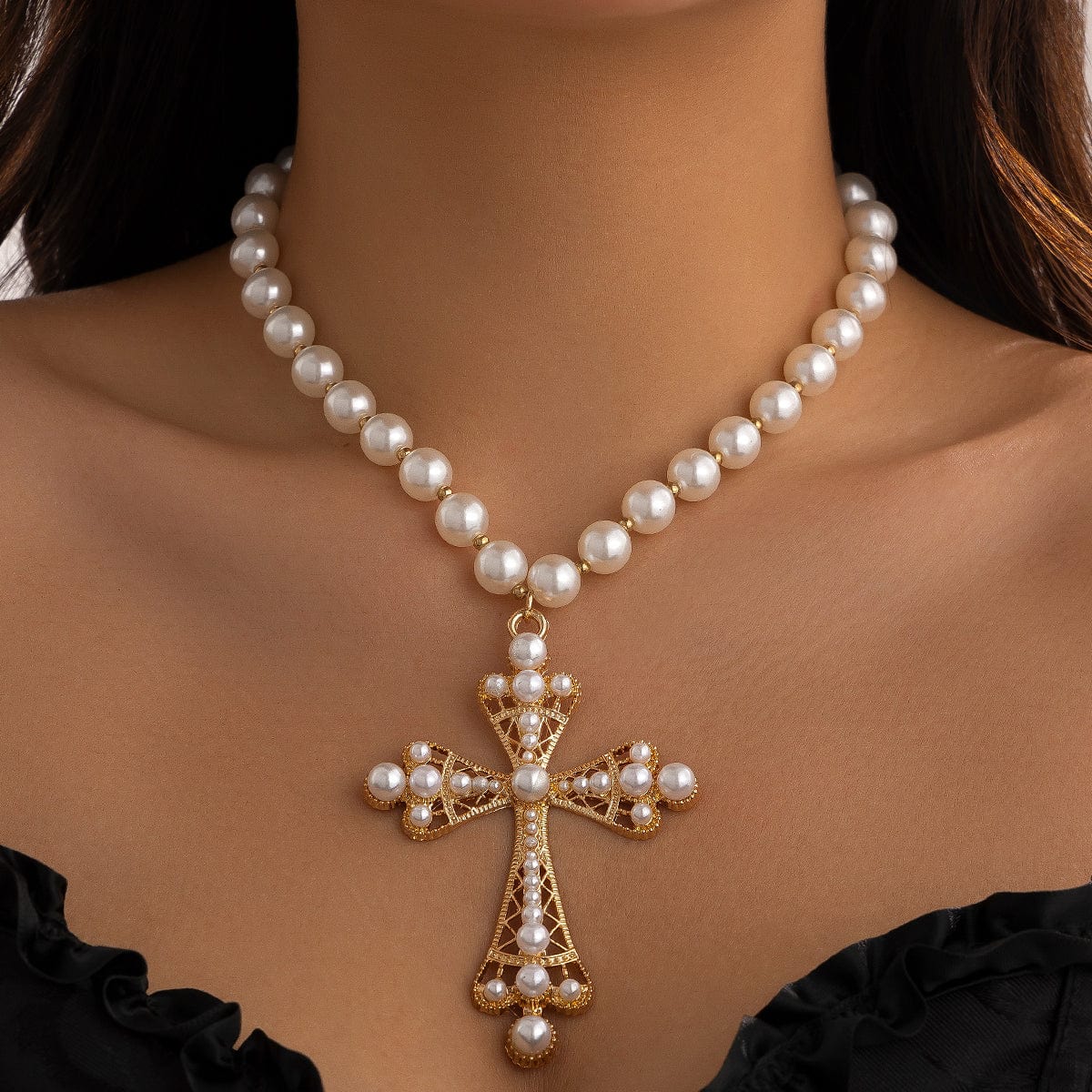 Baroque Cross Pendant Pearl Chain Choker Necklace - ArtGalleryZen