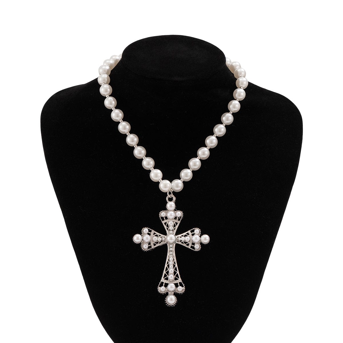 Baroque Cross Pendant Pearl Chain Choker Necklace - ArtGalleryZen