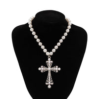 Thumbnail for Baroque Cross Pendant Pearl Chain Choker Necklace - ArtGalleryZen