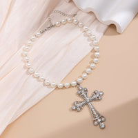 Thumbnail for Baroque Cross Pendant Pearl Chain Choker Necklace - ArtGalleryZen