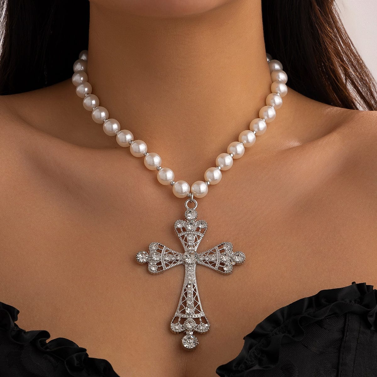 Baroque Cross Pendant Pearl Chain Choker Necklace