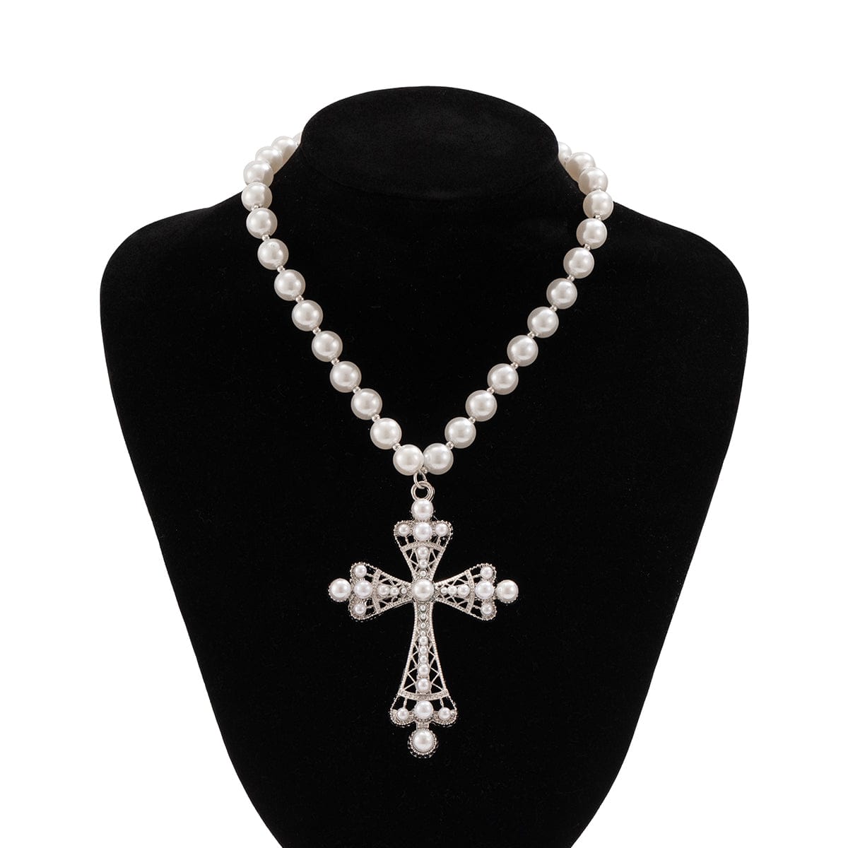 Baroque Cross Pendant Pearl Chain Choker Necklace