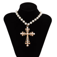 Thumbnail for Baroque Cross Pendant Pearl Chain Choker Necklace