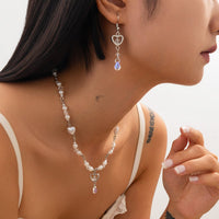 Thumbnail for Baroque Crystal Heart Pendant Pearl Seed Bead Chain Necklace Earrings Set - ArtGalleryZen