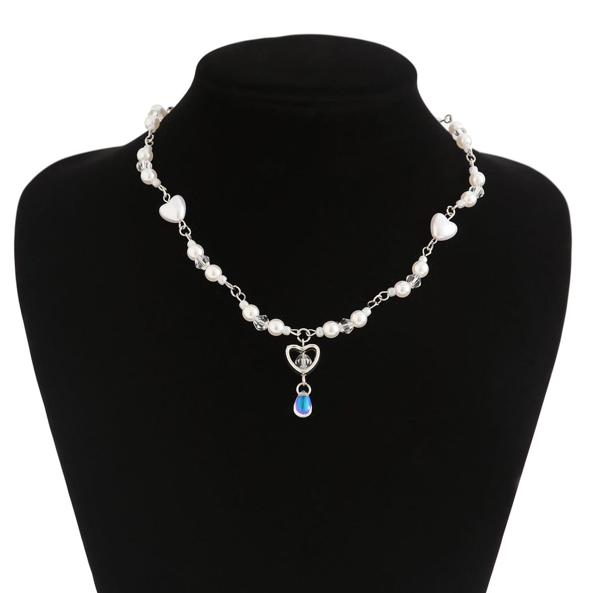 Baroque Crystal Heart Pendant Pearl Seed Bead Chain Necklace Earrings Set - ArtGalleryZen