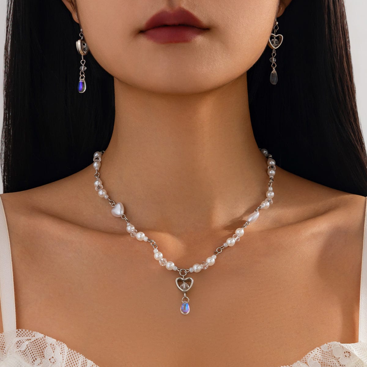 Baroque Crystal Heart Pendant Pearl Seed Bead Chain Necklace Earrings Set - ArtGalleryZen