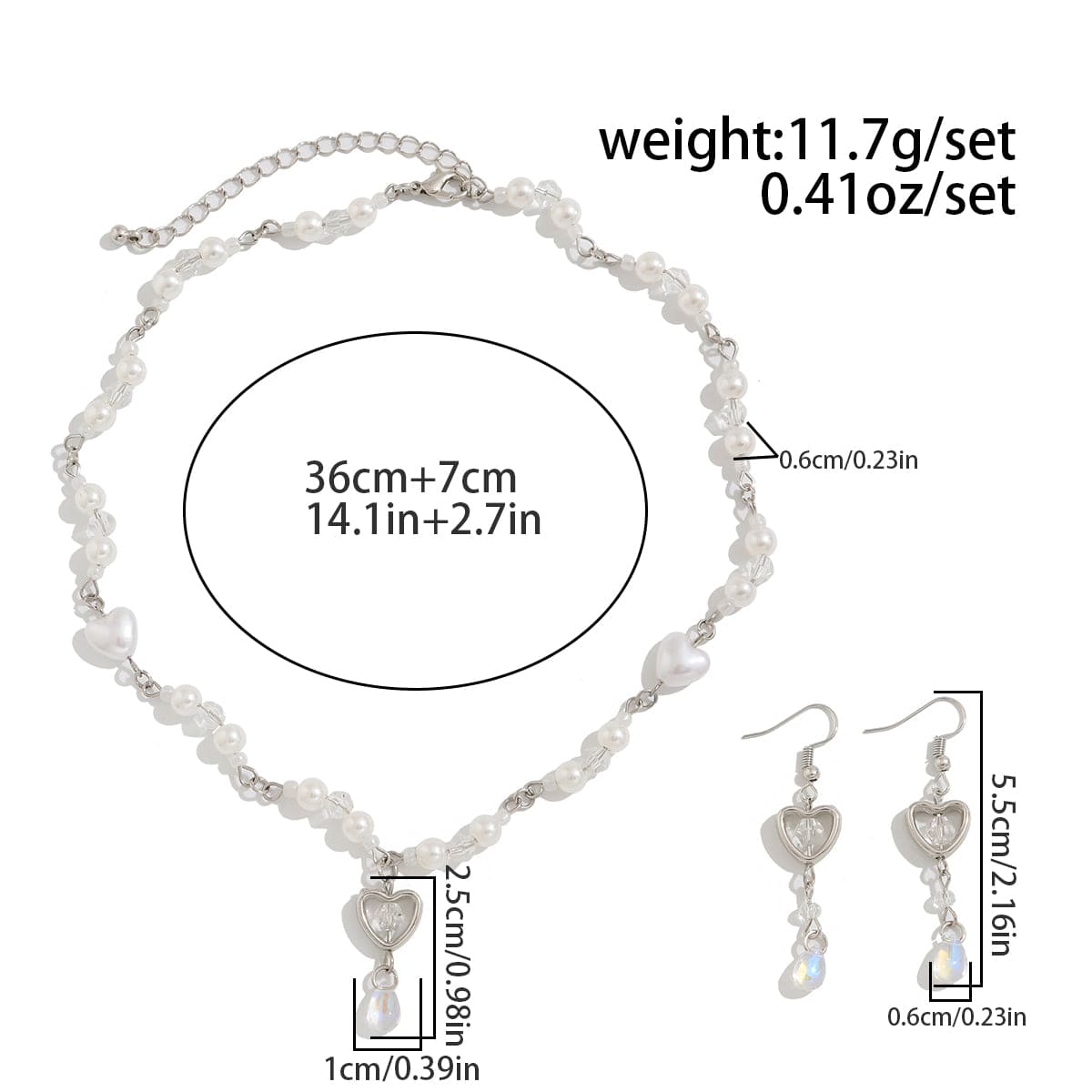 Baroque Crystal Heart Pendant Pearl Seed Bead Chain Necklace Earrings Set