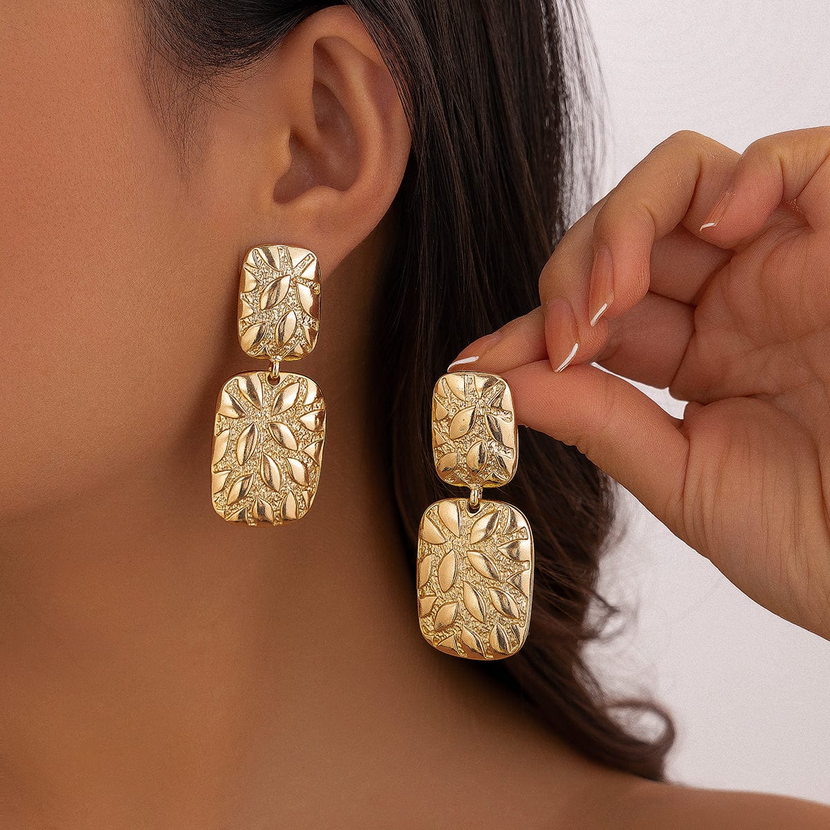 Baroque Duo Relief Square Charm Earrings