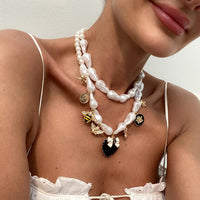 Thumbnail for Baroque Enamel Bee Heart Bow Pendant Irregular Pearl Chain Necklace Set - ArtGalleryZen