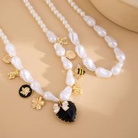 Thumbnail for Baroque Enamel Bee Heart Bow Pendant Irregular Pearl Chain Necklace Set - ArtGalleryZen
