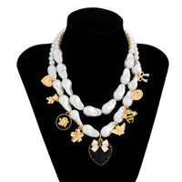 Thumbnail for Baroque Enamel Bee Heart Bow Pendant Irregular Pearl Chain Necklace Set - ArtGalleryZen
