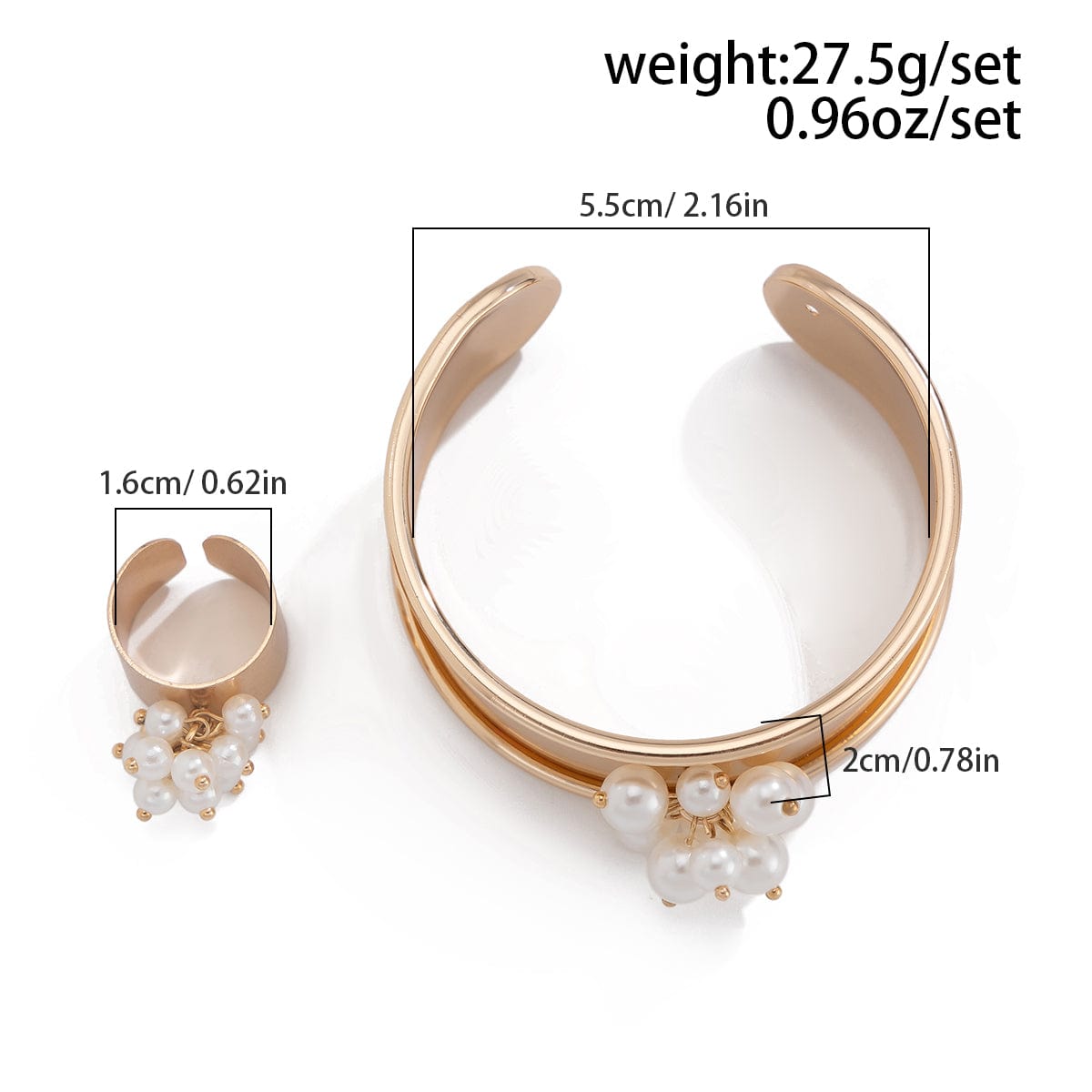 Baroque Glossy Pearl Charm Open Wide Cuff Bangle Bracelet Ring Set - ArtGalleryZen