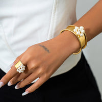 Thumbnail for Baroque Glossy Pearl Charm Open Wide Cuff Bangle Bracelet Ring Set - ArtGalleryZen